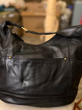 Tignanello Black Leather Hobo Shoulder Bag with Gold Accents